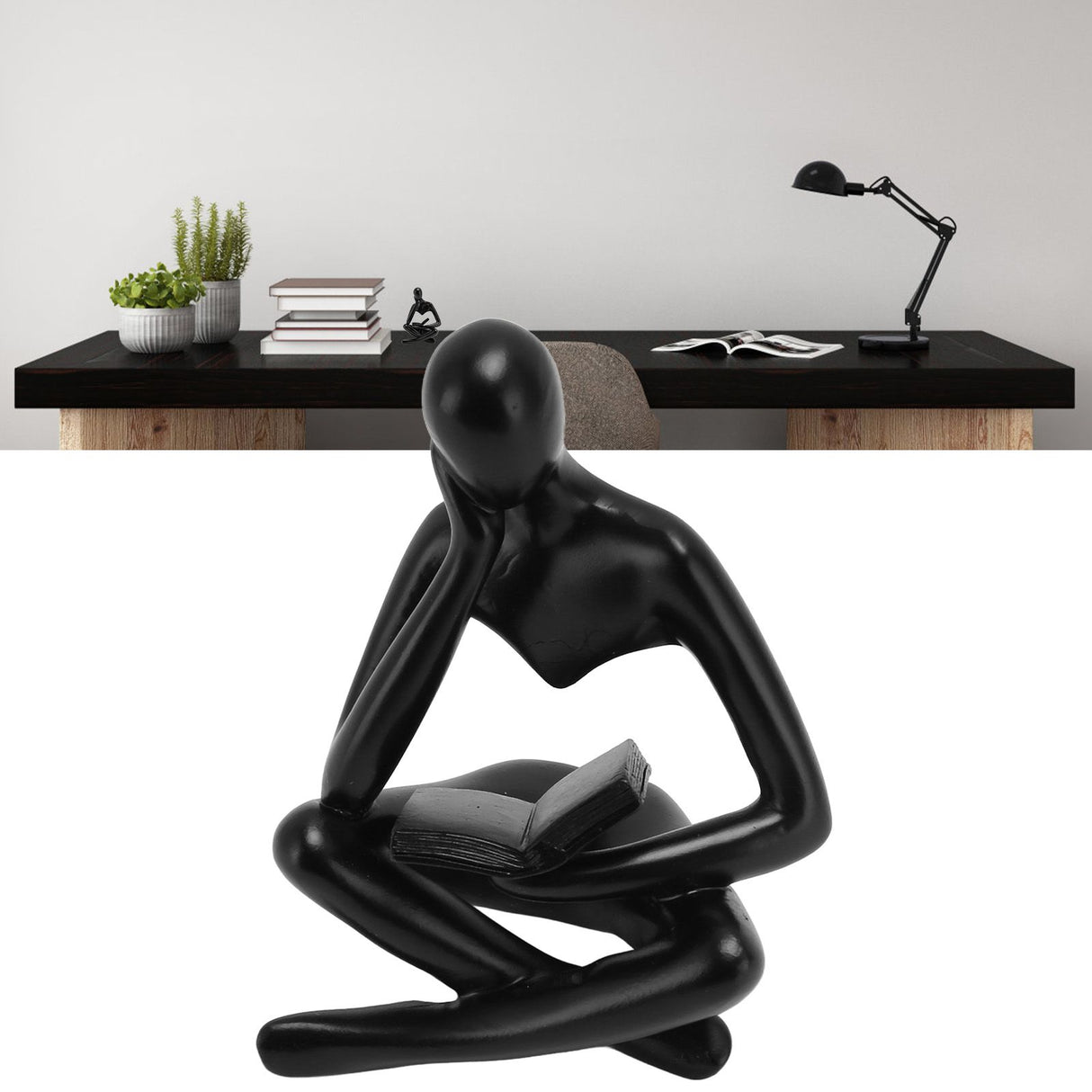 Thinker Reading Statue Resin Sitting Figure Abstract Art Ornament for Living Room Cabinet Decoration Black