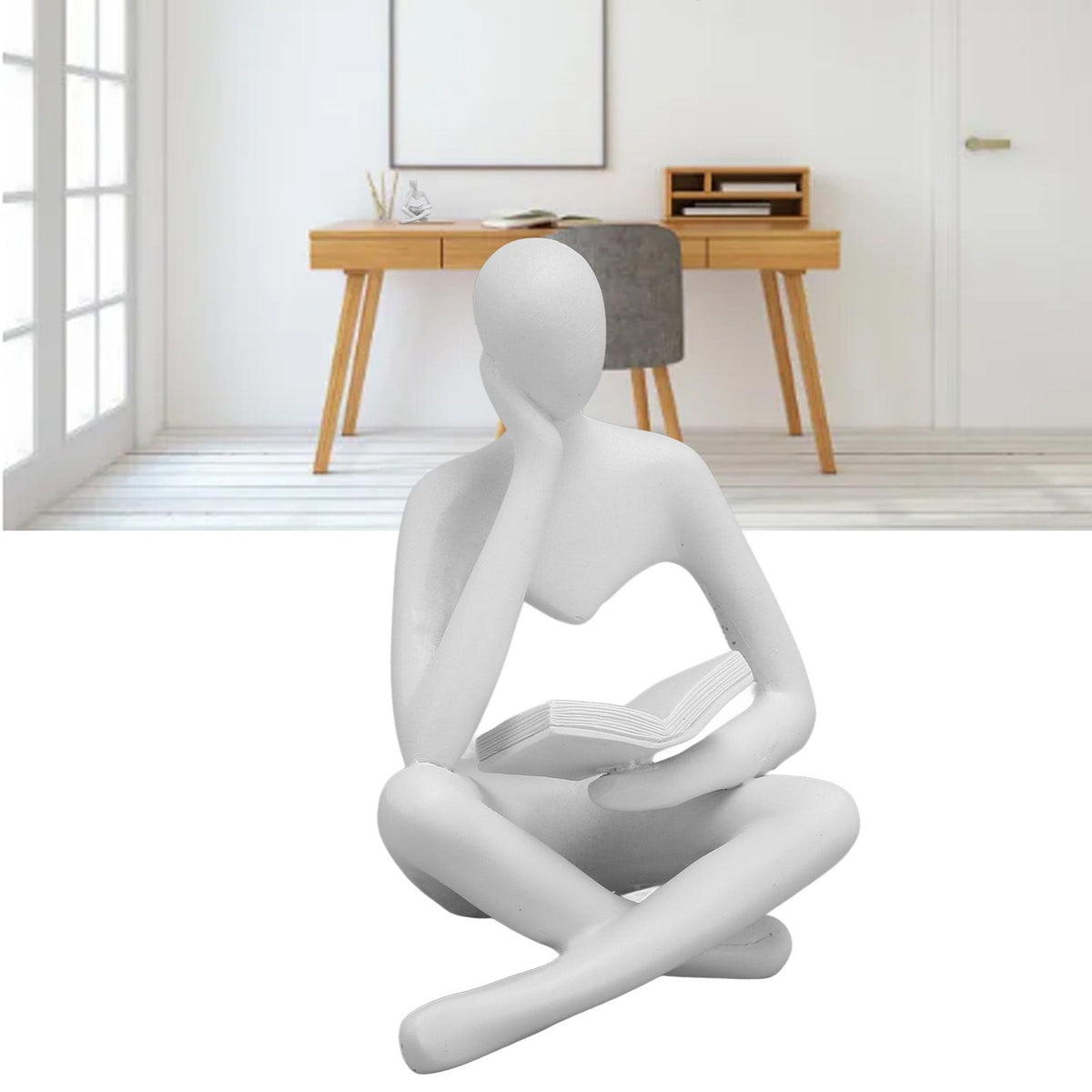 Thinker Reading Statue Resin Sitting Figure Abstract Art Ornament for Living Room Cabinet Decoration White