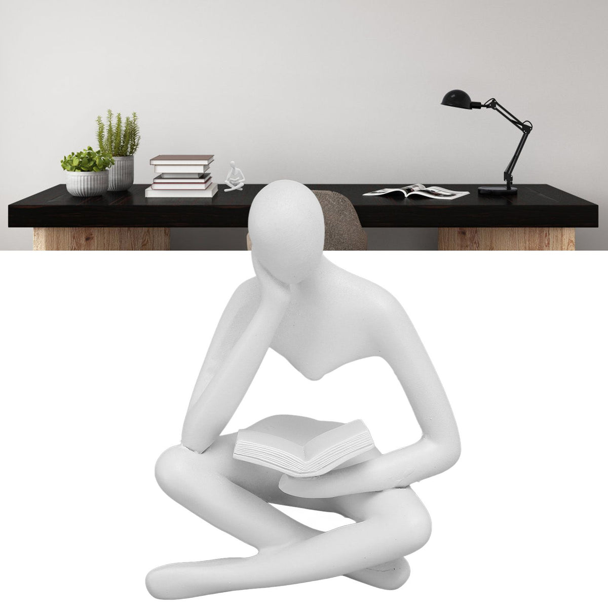 Thinker Reading Statue Resin Sitting Figure Abstract Art Ornament for Living Room Cabinet Decoration White