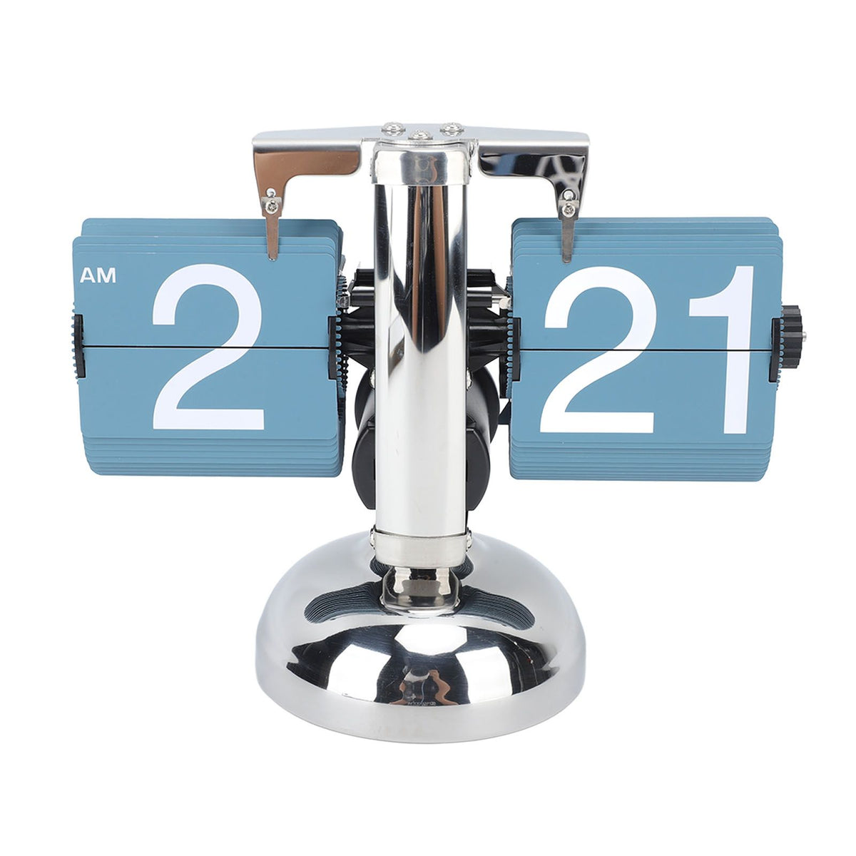 European Style Retro Digital Flip Down Clock 304 Stainless Steel Auto Mechanical Digital Flip Desk Clock for Home Livingroom 12 Hours Single Leg Blue