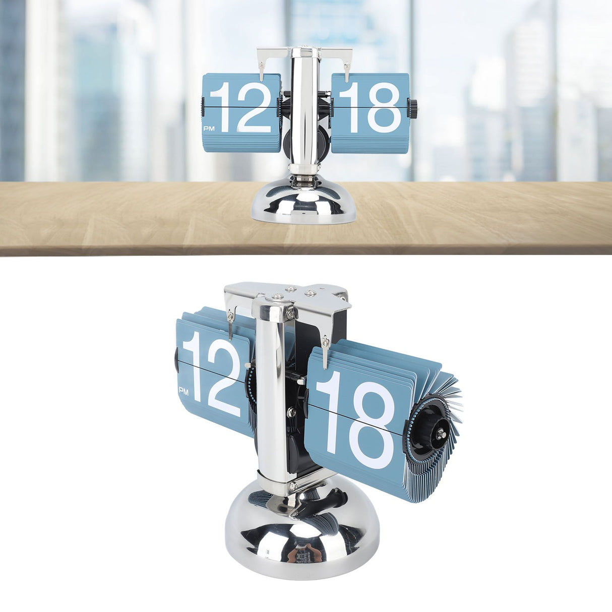 European Style Retro Digital Flip Down Clock 304 Stainless Steel Auto Mechanical Digital Flip Desk Clock for Home Livingroom 12 Hours Single Leg Blue