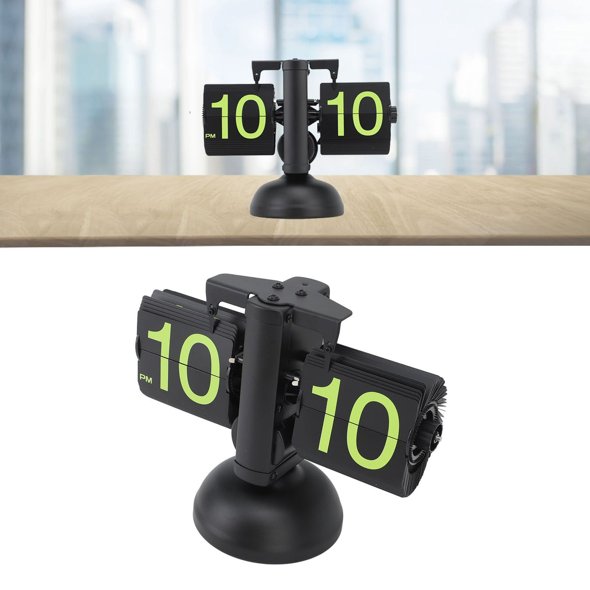 European Style Retro Digital Flip Down Clock 304 Stainless Steel Auto Mechanical Digital Flip Desk Clock for Home Livingroom 12 Hours Black Frame Green Number