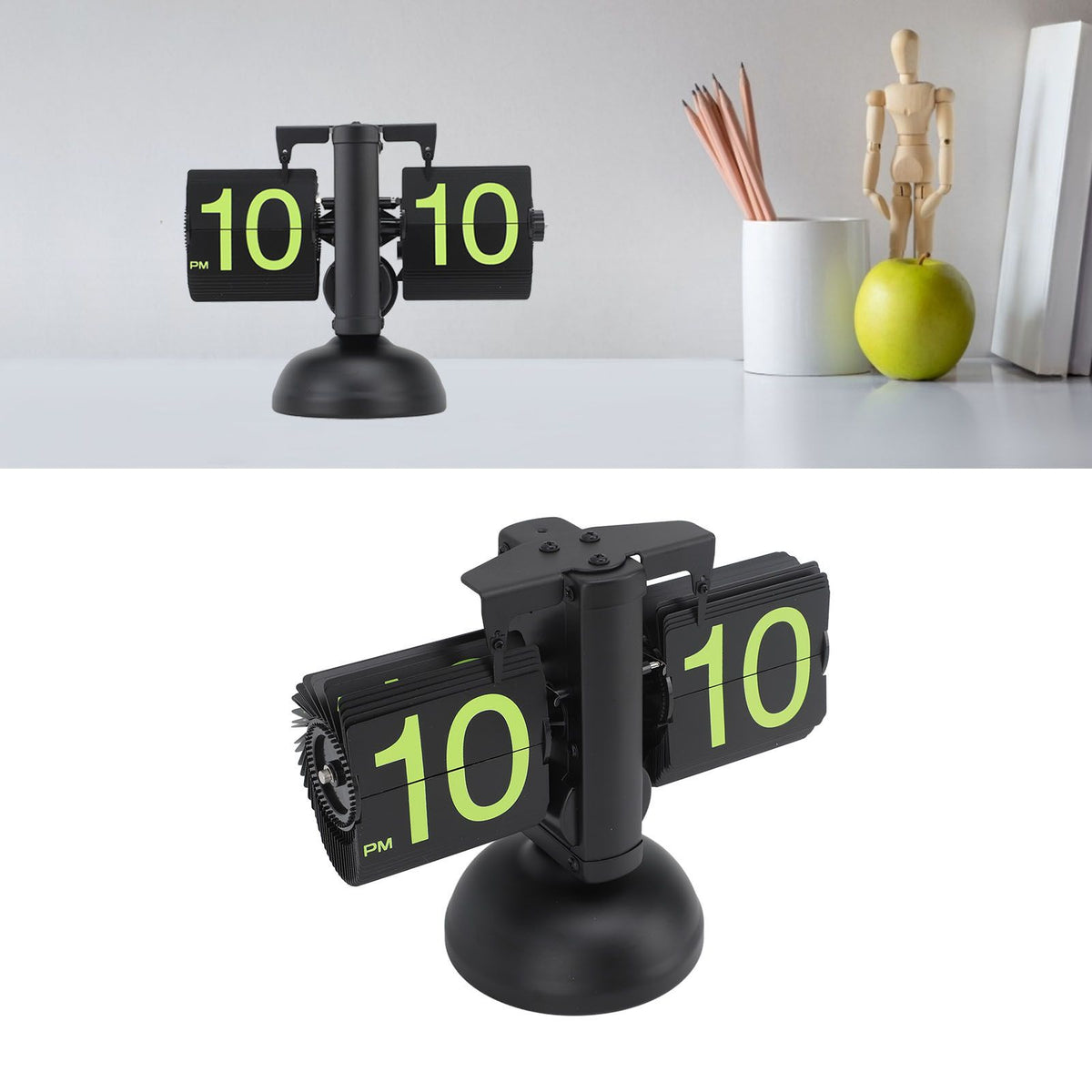 European Style Retro Digital Flip Down Clock 304 Stainless Steel Auto Mechanical Digital Flip Desk Clock for Home Livingroom 12 Hours Black Frame Green Number