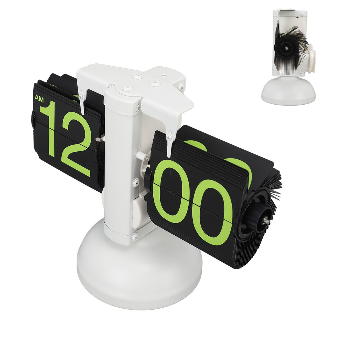 European Style Retro Digital Flip Down Clock 304 Stainless Steel Auto Mechanical Digital Flip Desk Clock for Home Livingroom 12 Hours White Frame Green Number