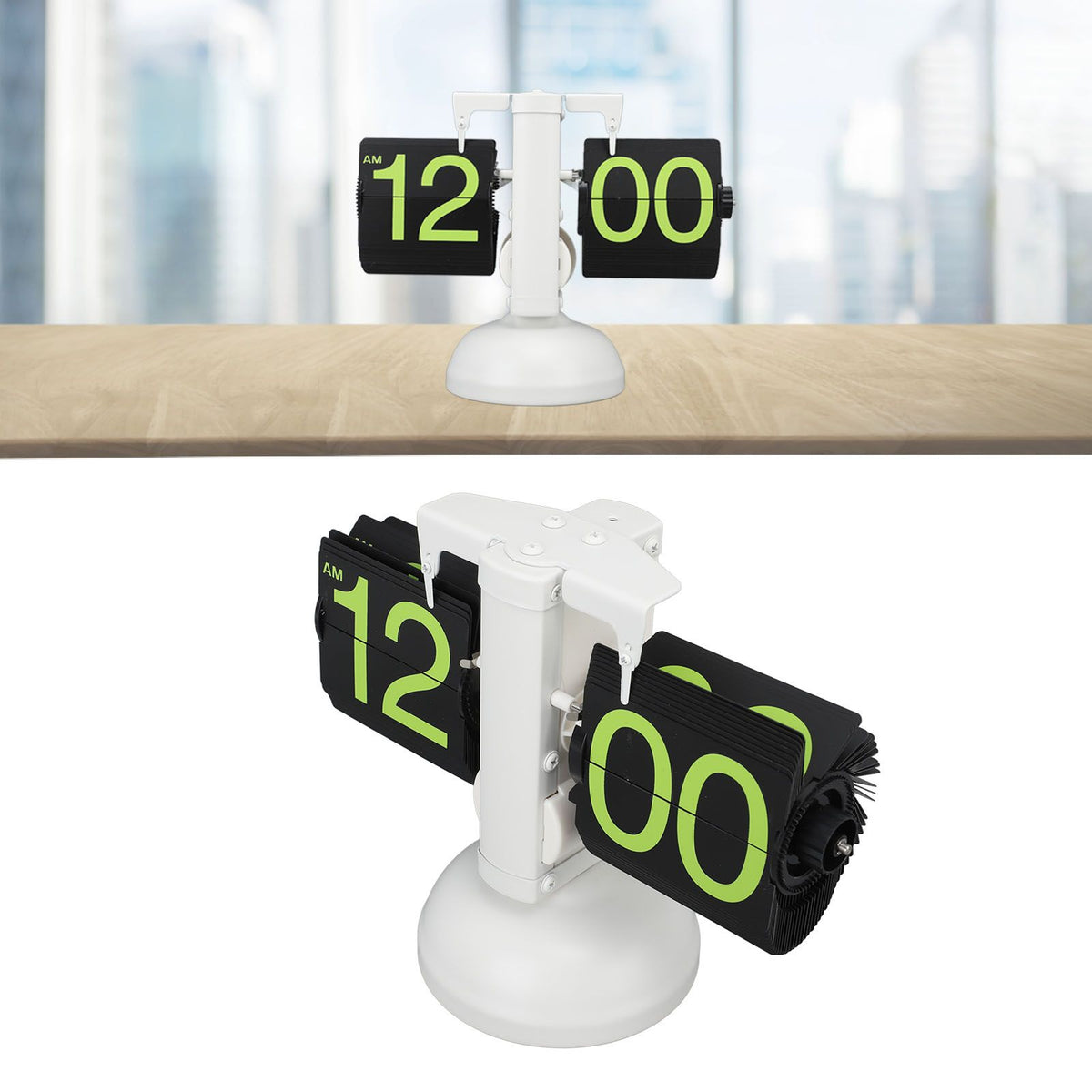European Style Retro Digital Flip Down Clock 304 Stainless Steel Auto Mechanical Digital Flip Desk Clock for Home Livingroom 12 Hours White Frame Green Number