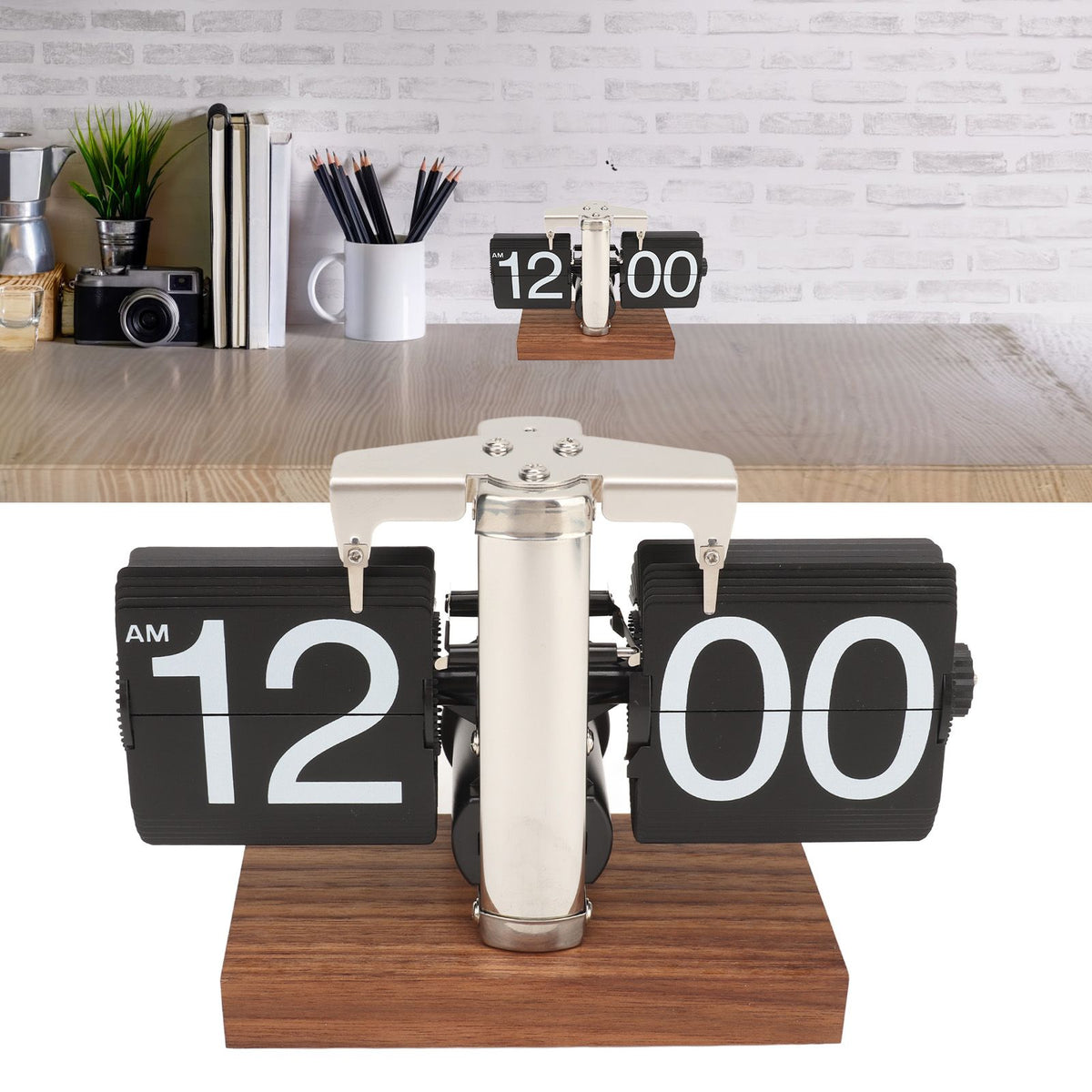 Digital Flip Down Clock Retro Automatic Turning Battery Operated Mechanical Clock for Home Room Office Decoration Stainless Steel Black