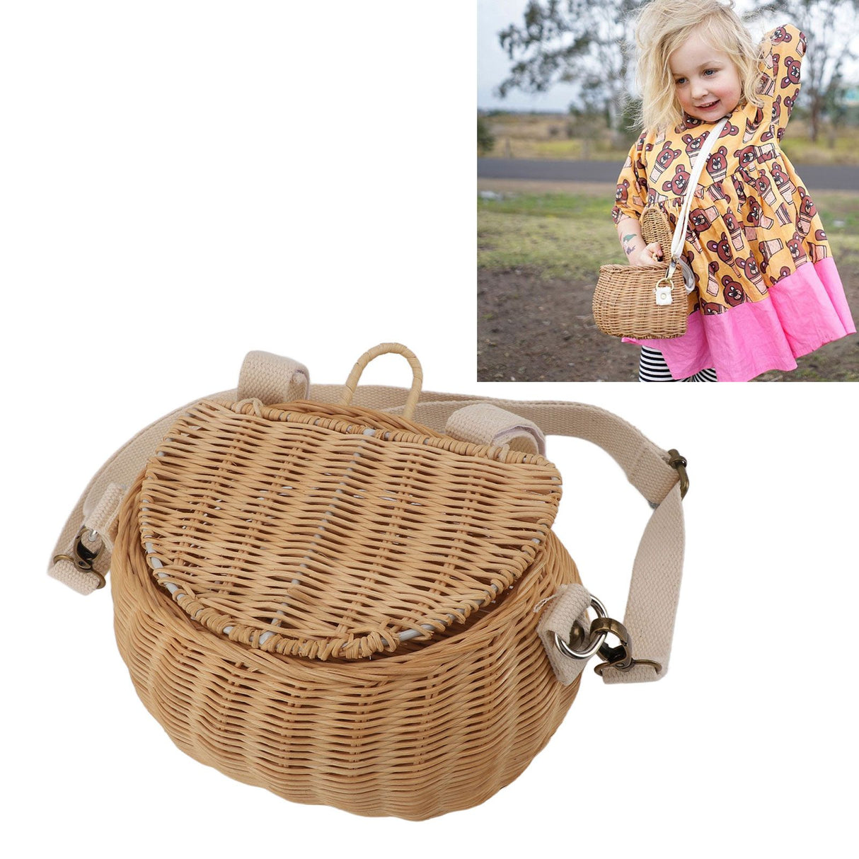 Kids Bike Basket Simple Lid Design Adjustable Strap Light Sturdy Kids Rattan Basket for Cycling School Travel
