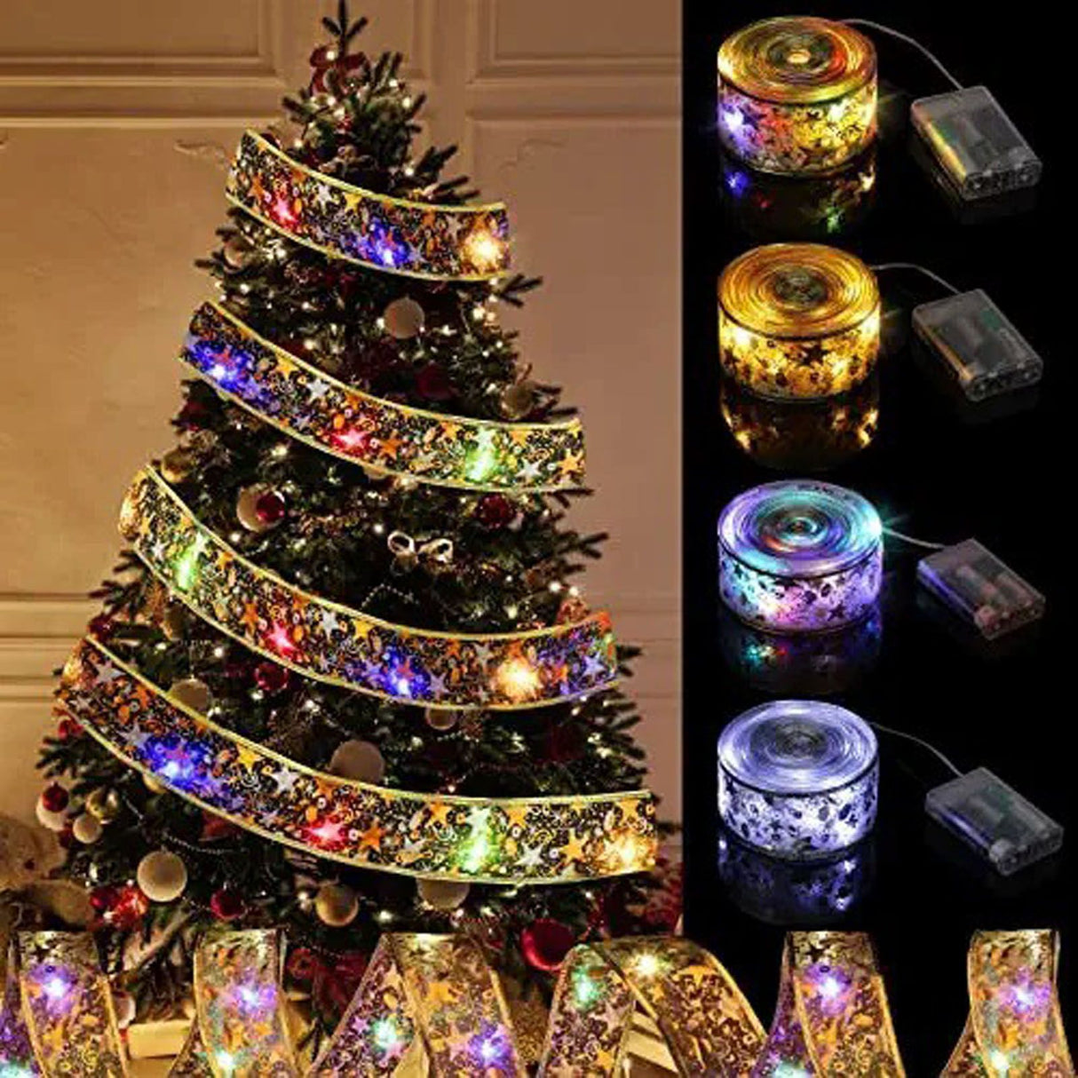 LED Christmas Ribbon Light 5cmx5m High Brightness Double Layer Gold Foiling Holiday Ribbon Light Color Light