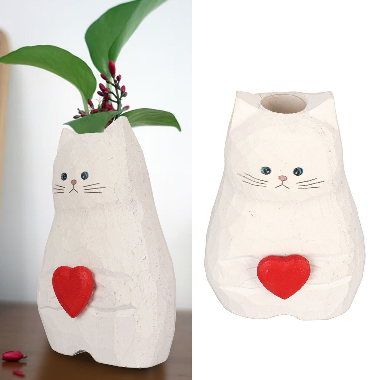 Cat Statue Flower Vase White Handmade Textured Wooden Cat Vase for Thanksgiving Day Gift Cat Lovers
