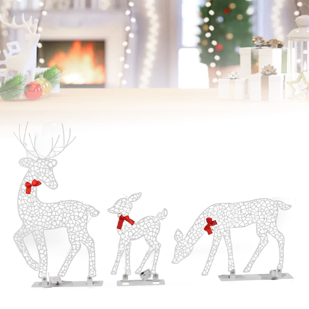 3pcs Lighted Christmas Decoration Deer Home Warm White Light Iron LED Reindeer Family Set Tabletop Decor for Outdoor Indoor Glowing Deer ‑01