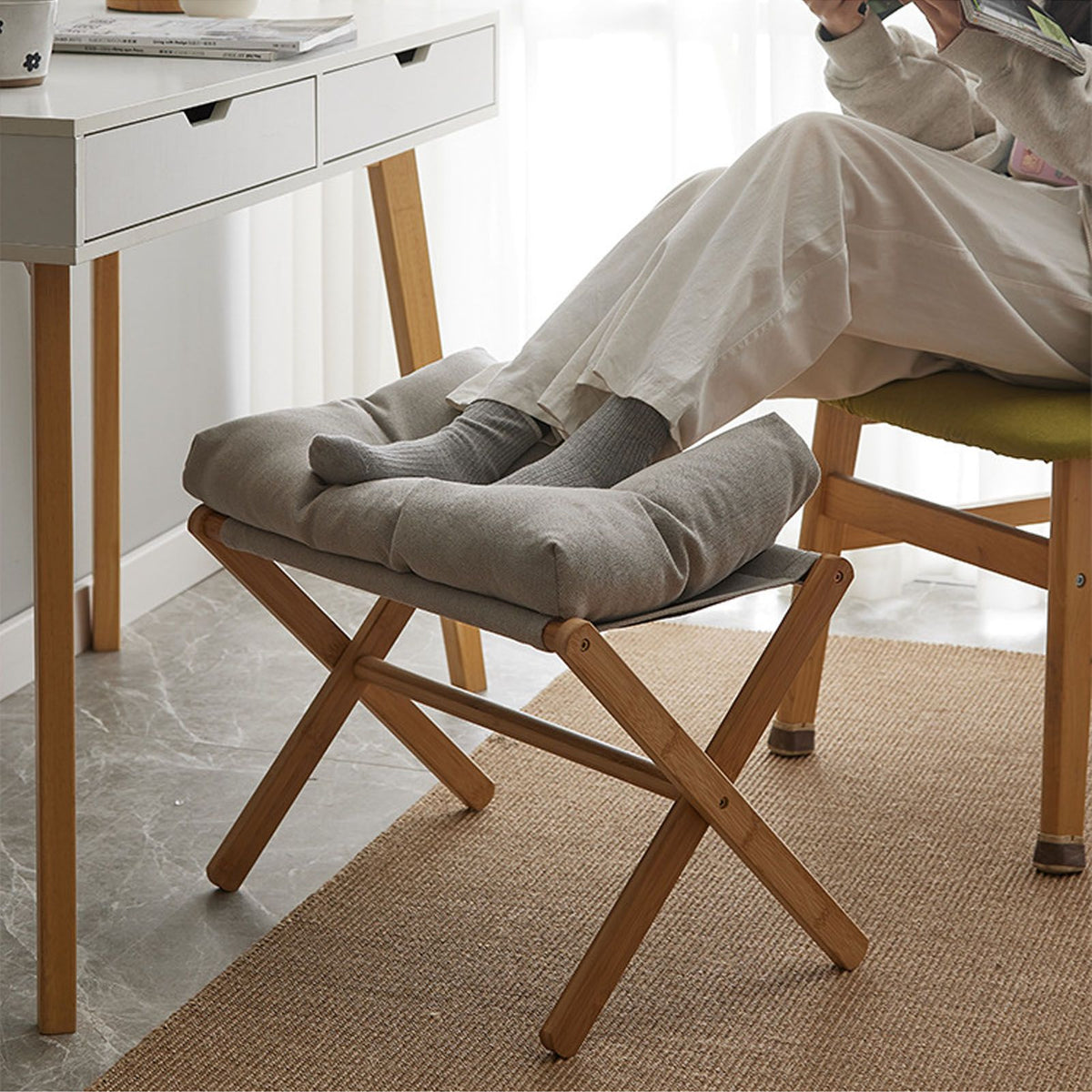 Foot Stool Foldable X Leg Modern Multifunctional Foot Rest with Soft Cushion for Living Room Bedroom Office Gray