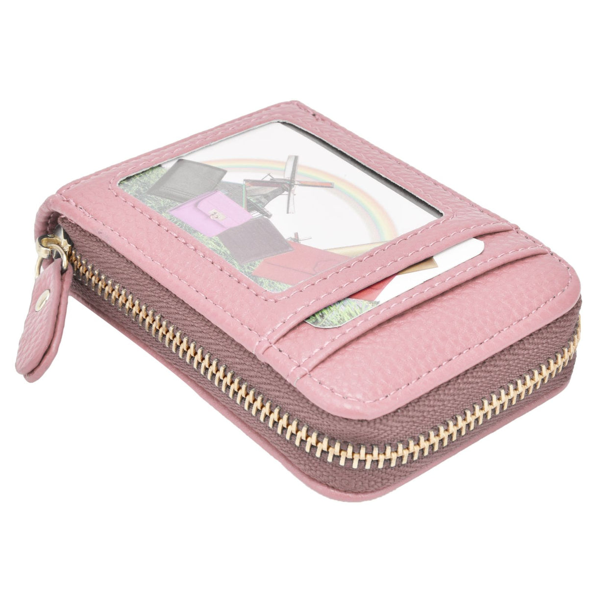 Credit Card Bag with Zipper Fashionable Mini Portable Antimagnetic ID Cards Holder Wallet PursePink