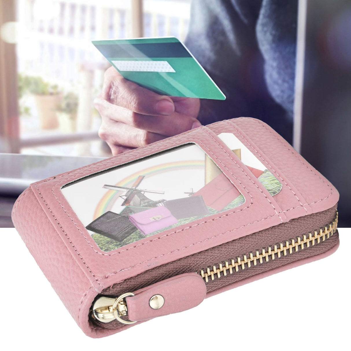 Credit Card Bag with Zipper Fashionable Mini Portable Antimagnetic ID Cards Holder Wallet PursePink
