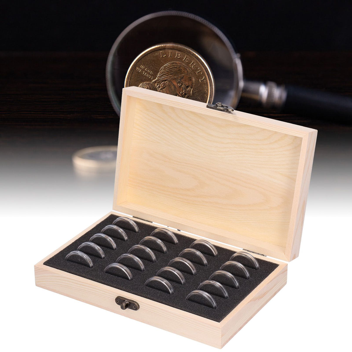 20 Grid Coin Collection Box Wooden Coin Protection Storage Box for Home Office Living Room