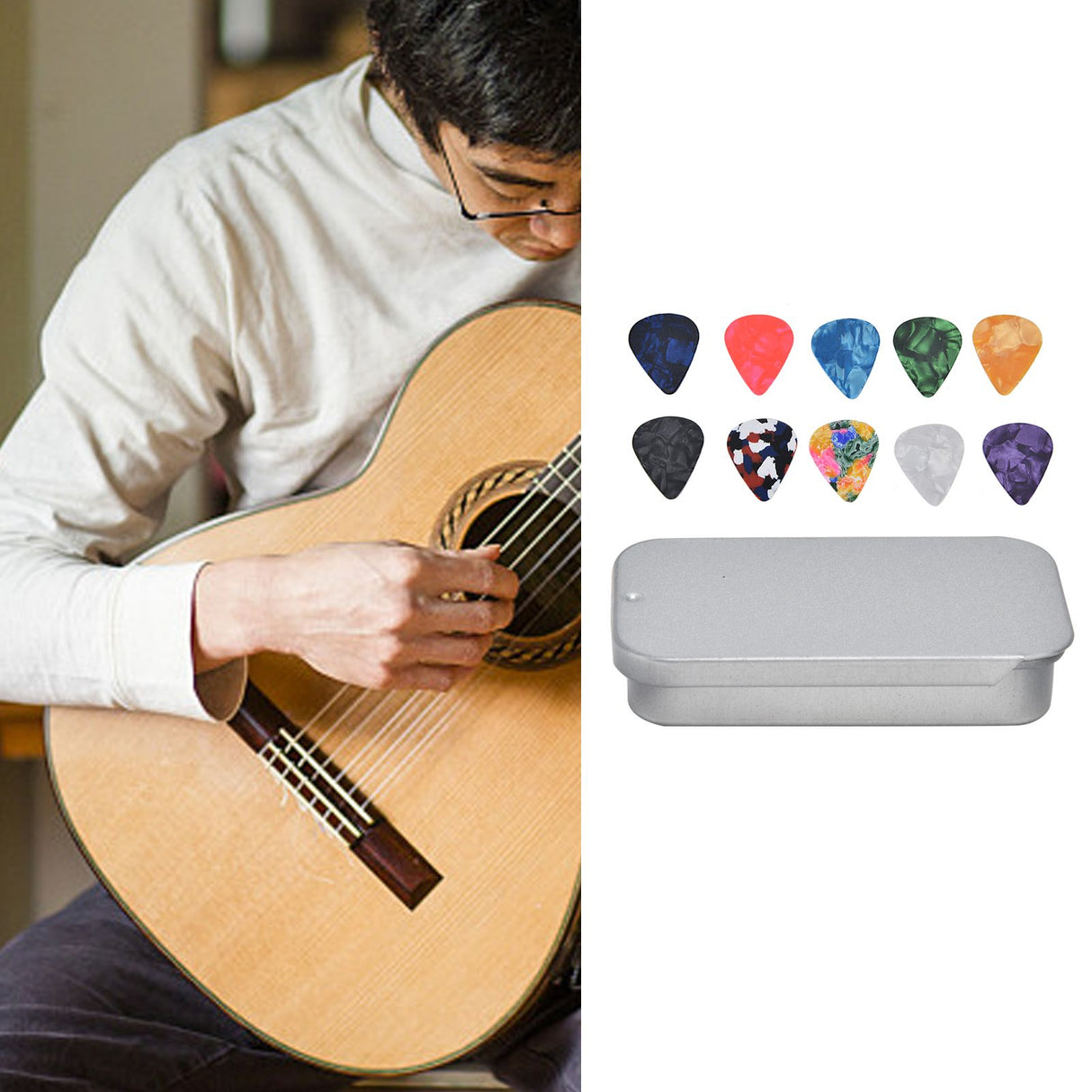 10Pcs Guitar Picks Boost Bass Portable Colorful Retro Cosmic Star Sky Pattern Guitar Pick for Bass Banjo Ukulele0.46mm Silver Box