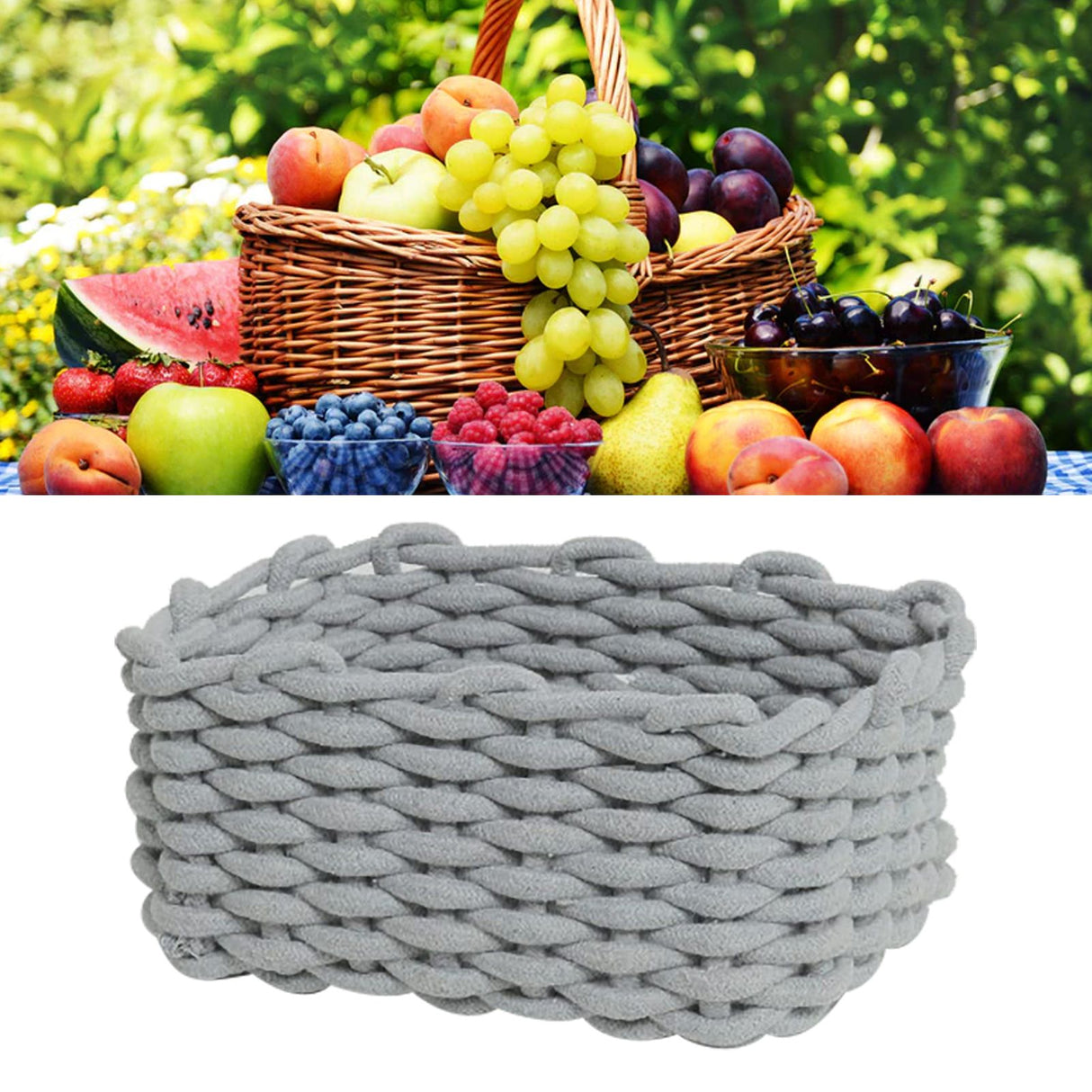 Cotton Rope Storage Basket Hand Knitting Nordic Style Desktop Storage Organizer for Key Snacks Underwear Grey 30x22x14cm/11.8x8.7x5.5in