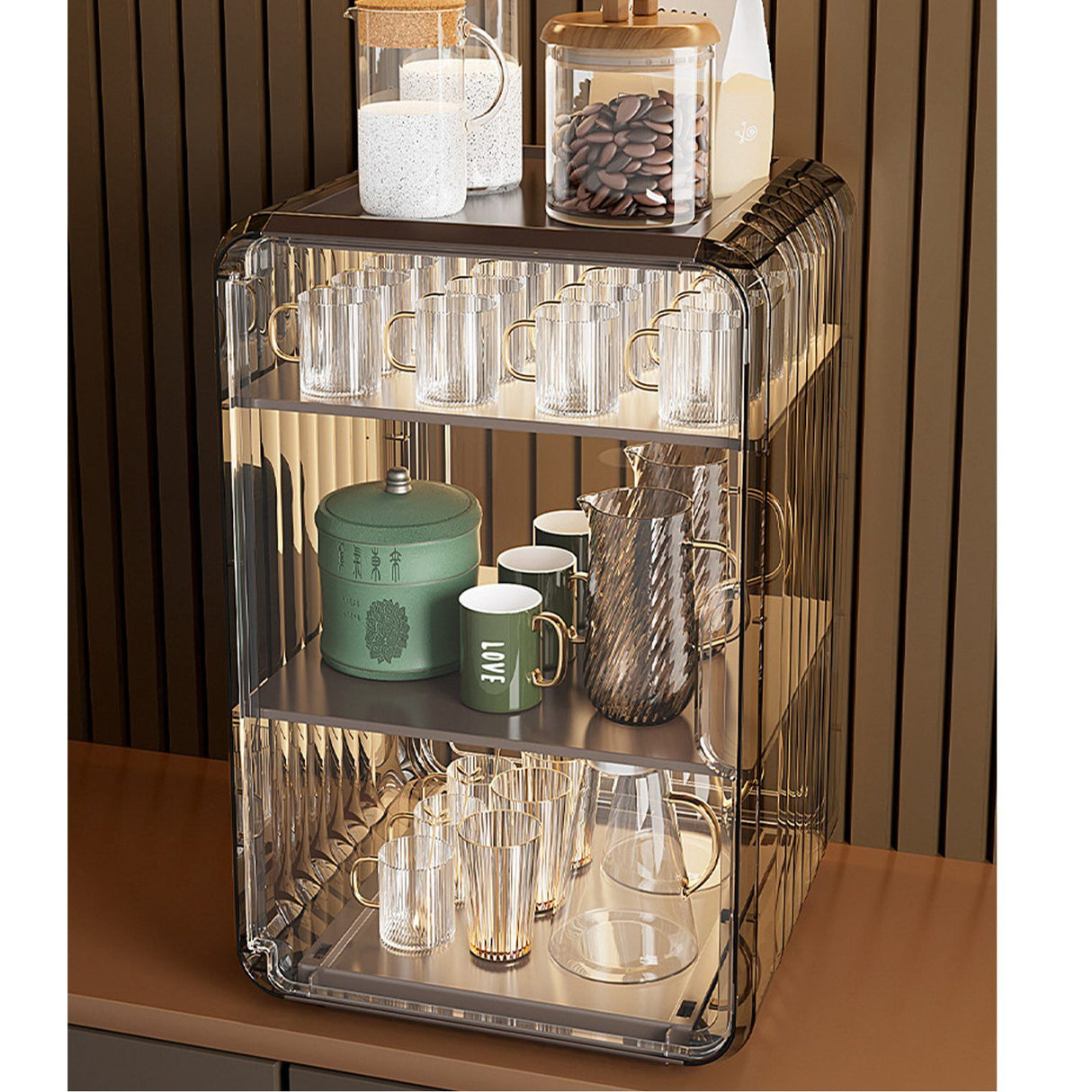 Acrylic Water Bottle Organizer Sturdy Dustproof Easy To Clean Water Bottle Storage Holder for Cabinet Desktop Large 3 Layer Brown