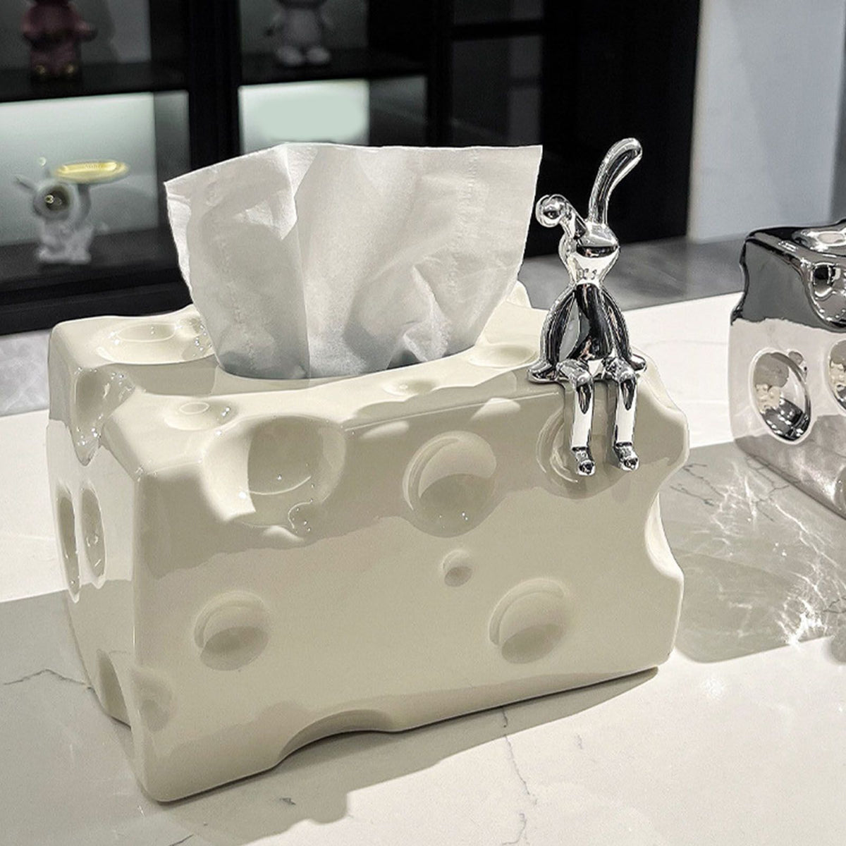 Tissue Box Cover Ceramic Rectangular Stylish Elegant Decorative Napkin Box Holder for Desktop Coffee Table Milky White