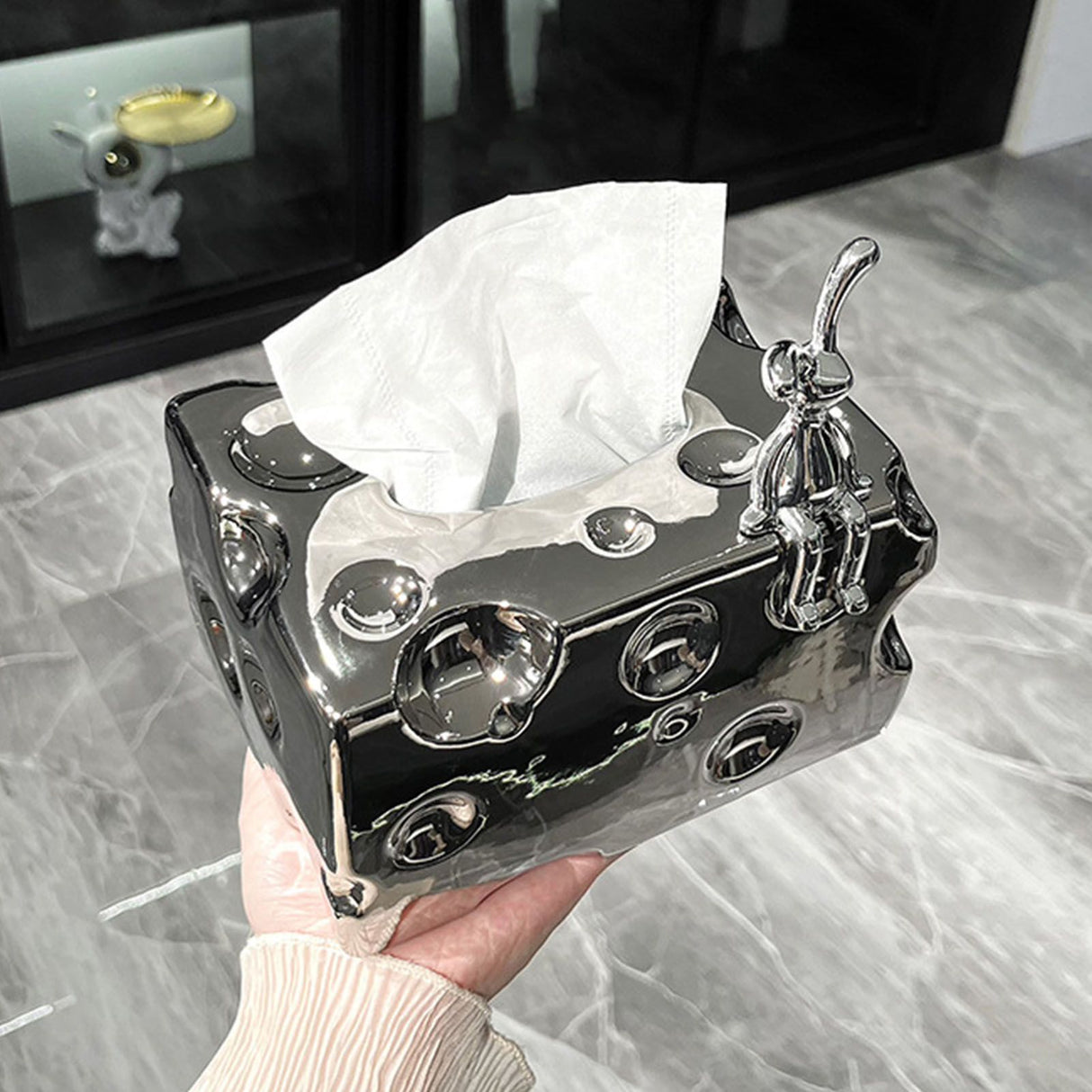 Tissue Box Cover Ceramic Rectangular Stylish Elegant Decorative Napkin Box Holder for Desktop Coffee Table Silver