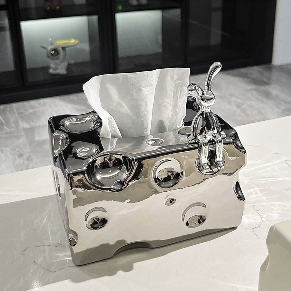 Tissue Box Cover Ceramic Rectangular Stylish Elegant Decorative Napkin Box Holder for Desktop Coffee Table Silver