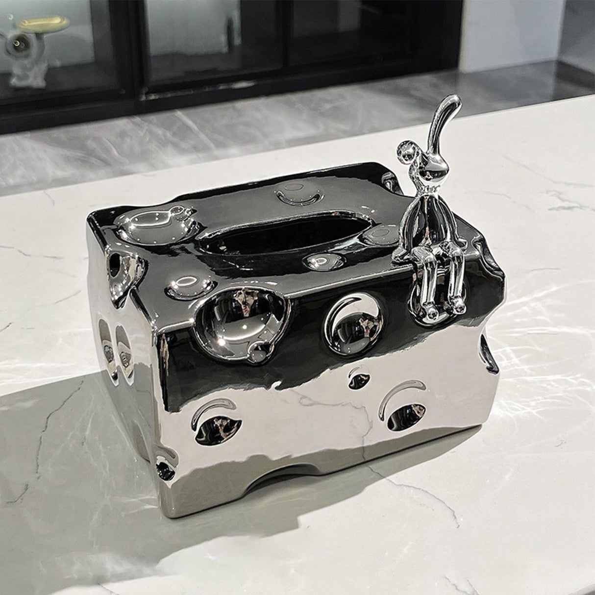 Tissue Box Cover Ceramic Rectangular Stylish Elegant Decorative Napkin Box Holder for Desktop Coffee Table Silver