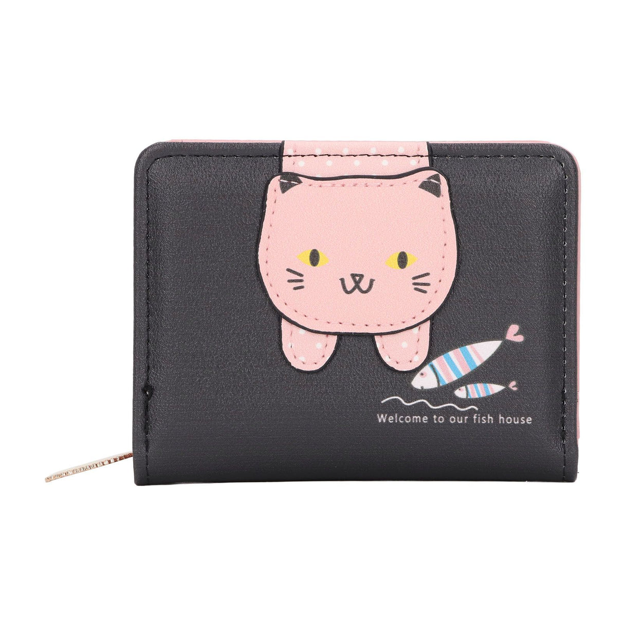 Female Korean Version Small PU Leather Coin Purse Student Cute Animal Change Bag Zipper Foldable Short Style Change Purse for Woman Girls Black