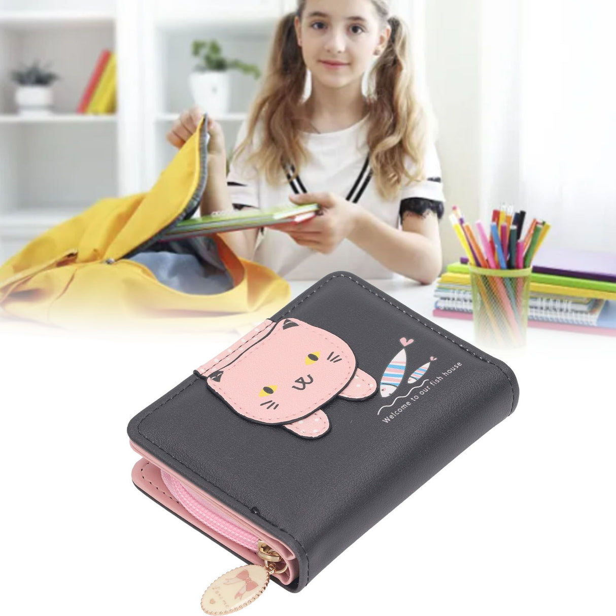 Female Korean Version Small PU Leather Coin Purse Student Cute Animal Change Bag Zipper Foldable Short Style Change Purse for Woman Girls Black