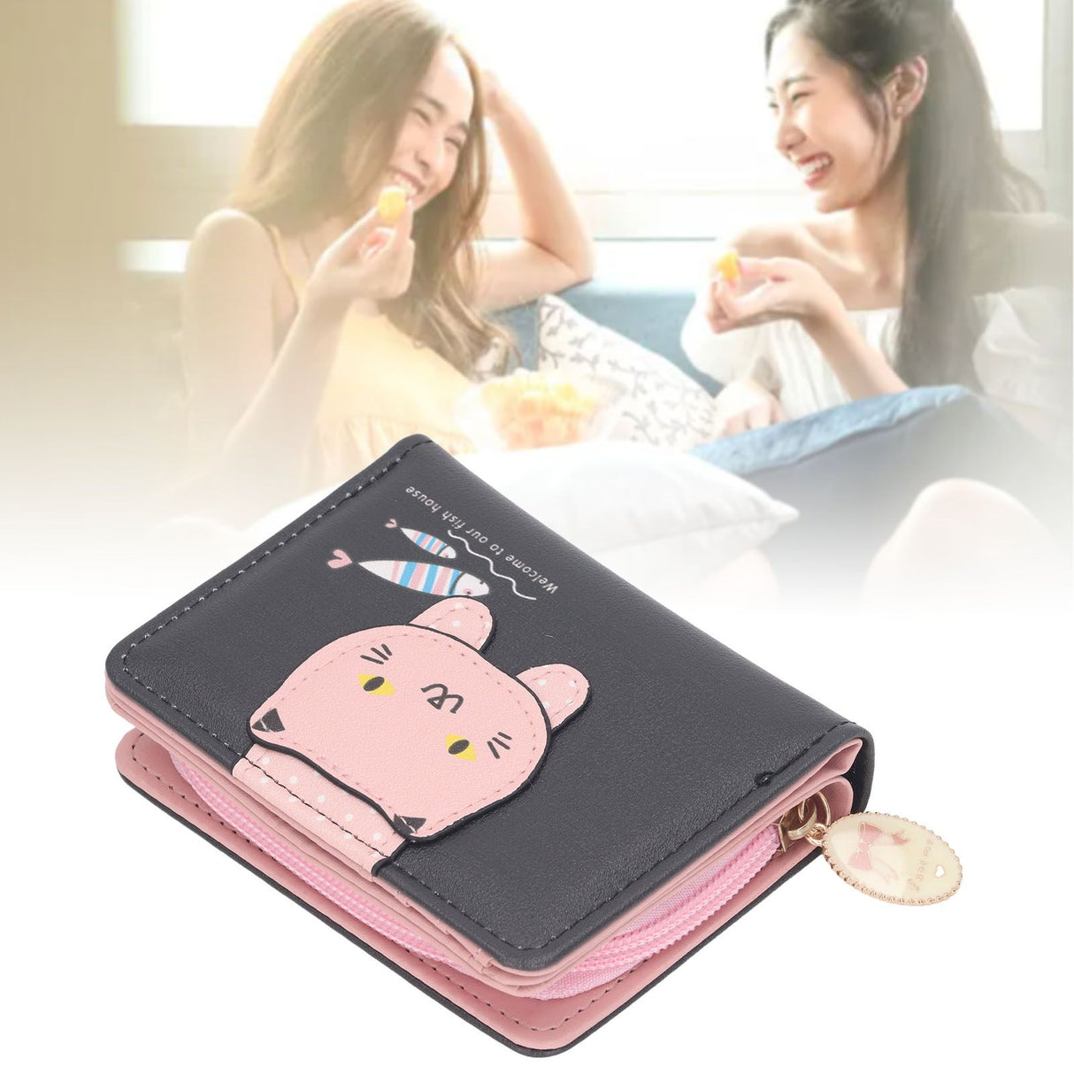 Female Korean Version Small PU Leather Coin Purse Student Cute Animal Change Bag Zipper Foldable Short Style Change Purse for Woman Girls Black