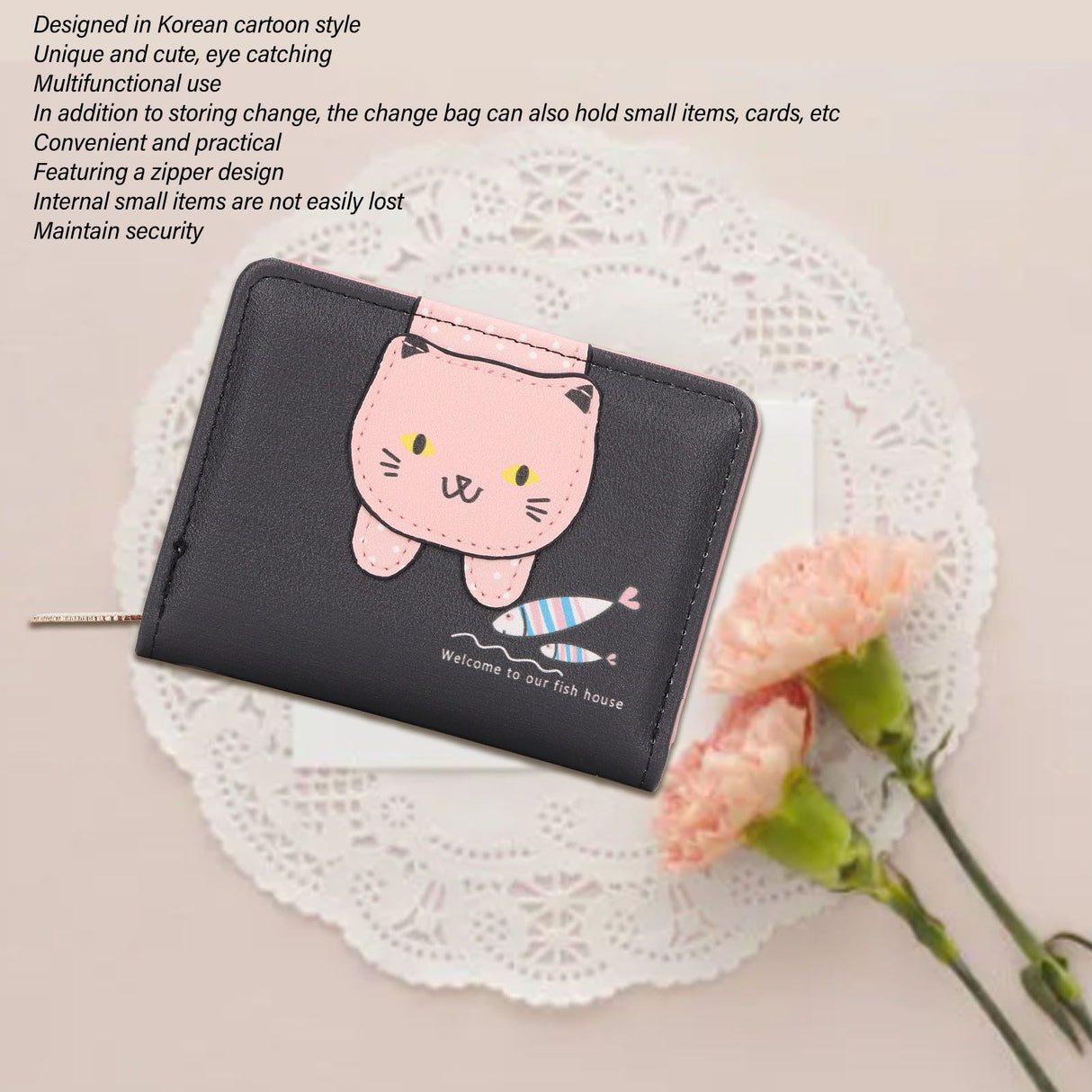 Female Korean Version Small PU Leather Coin Purse Student Cute Animal Change Bag Zipper Foldable Short Style Change Purse for Woman Girls Black