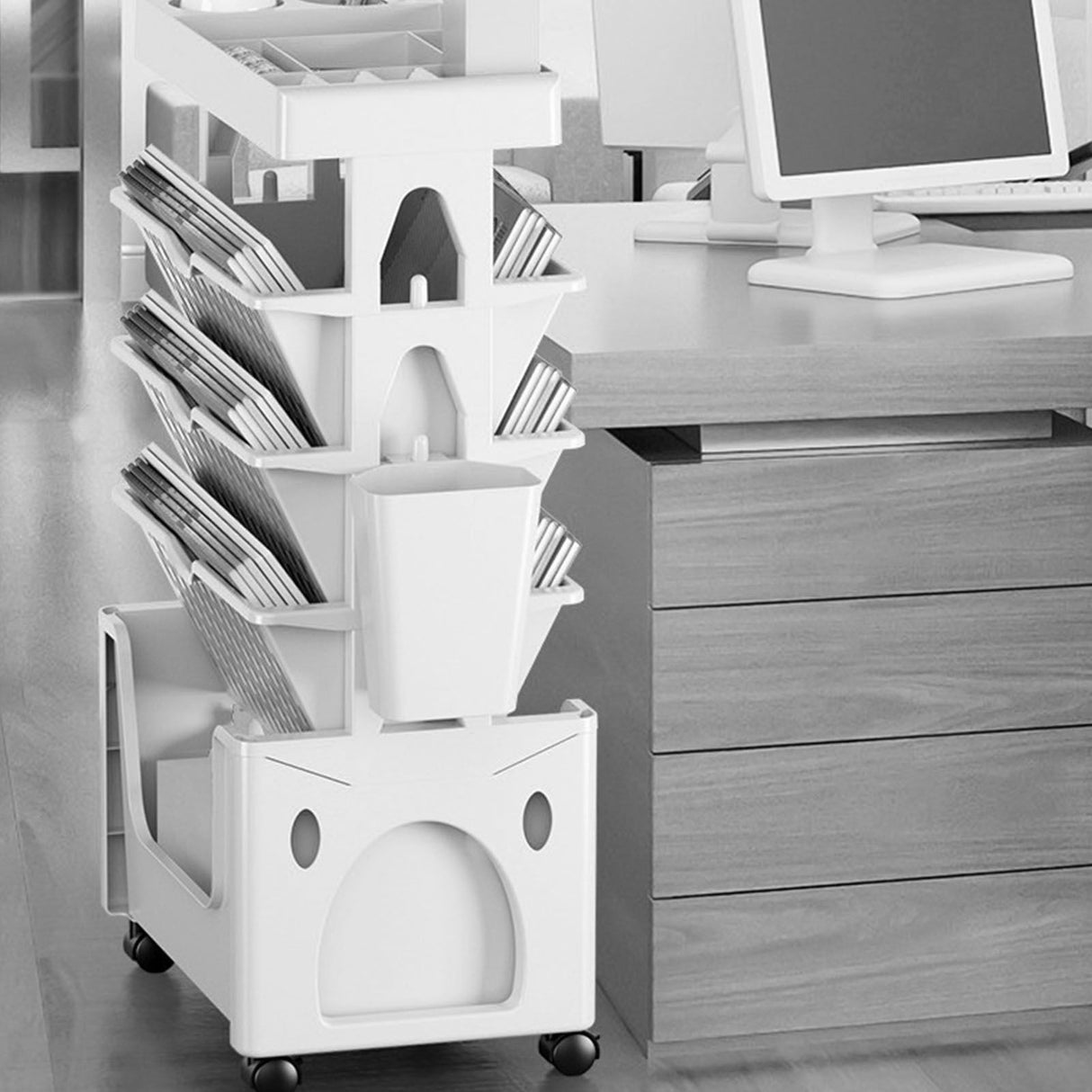 Rolling Mobile Bookshelf with Wheels 5 Tiers Large Capacity Strong Load Bearing Capacity Utility Cart for Study Kitchen White