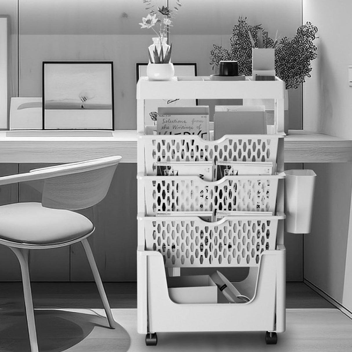 Rolling Mobile Bookshelf with Wheels 5 Tiers Large Capacity Strong Load Bearing Capacity Utility Cart for Study Kitchen White