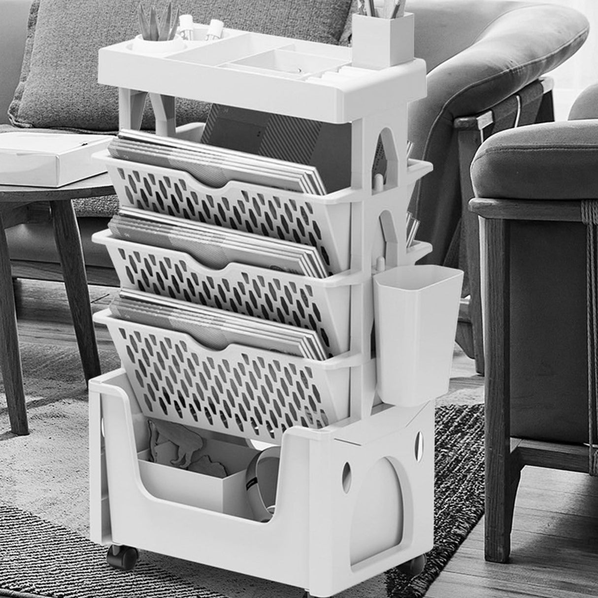 Rolling Mobile Bookshelf with Wheels 5 Tiers Large Capacity Strong Load Bearing Capacity Utility Cart for Study Kitchen White