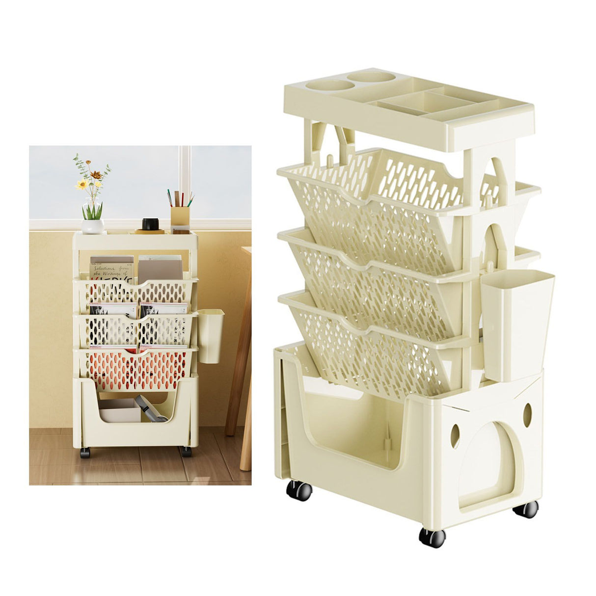 Rolling Mobile Bookshelf with Wheels 5 Tiers Large Capacity Strong Load Bearing Capacity Utility Cart for Study Kitchen Khaki