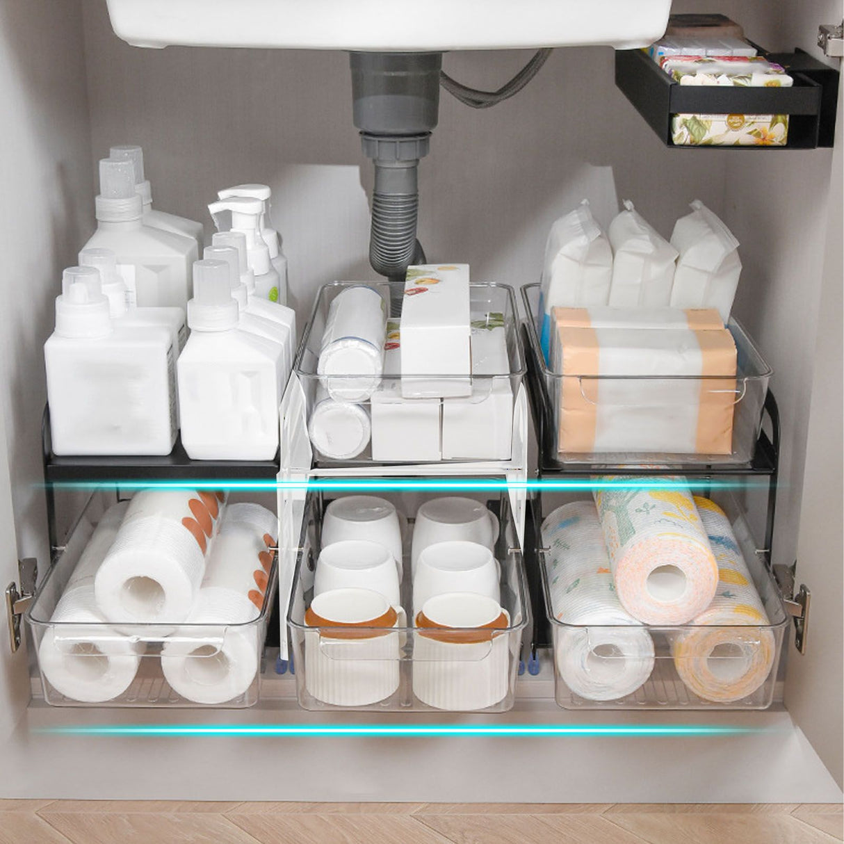 Cup Storage Organizer Shelf 2 Tier Pull Out Countertop Organizer Multifunctional Desktop Storage Rack for Home Office Black