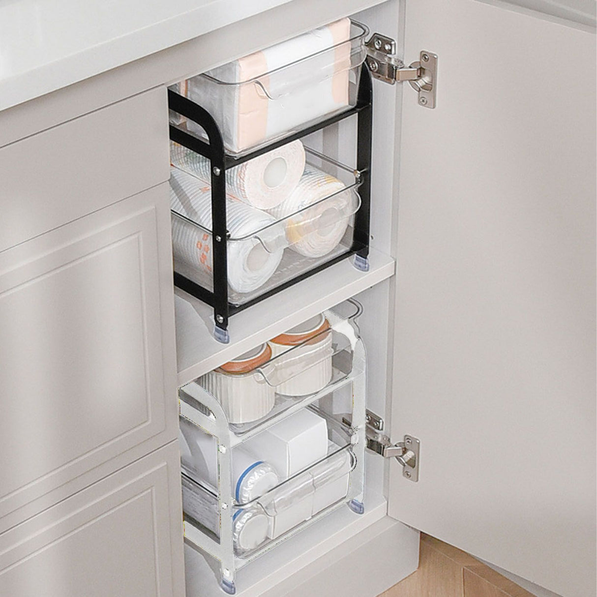 Cup Storage Organizer Shelf 2 Tier Pull Out Countertop Organizer Multifunctional Desktop Storage Rack for Home Office Black