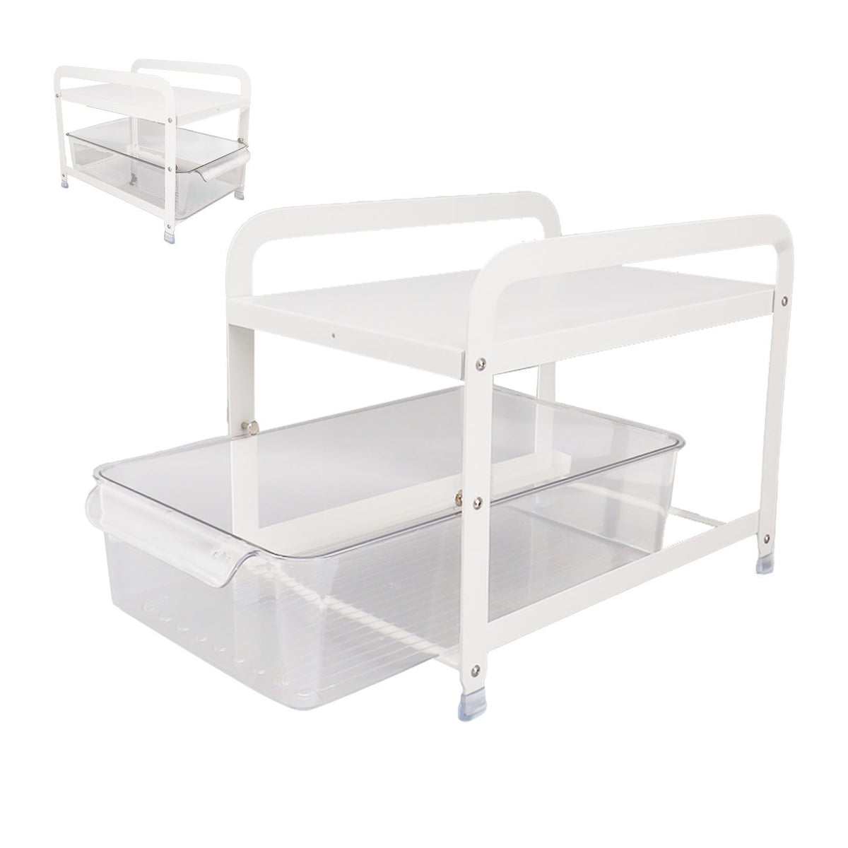 Cup Storage Organizer Shelf 2 Tier Pull Out Countertop Organizer Multifunctional Desktop Storage Rack for Home Office White