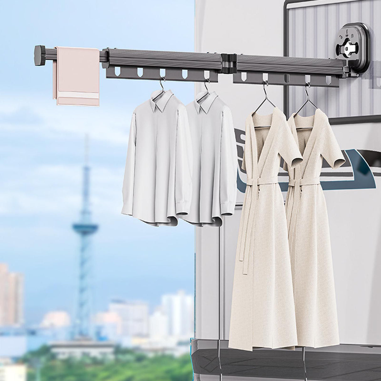 Wall Mounted Clothes Drying Rack Space Saving Laundry Clothes Rack Retractable Dryer Collapsible for Balcony Laundry Punch Free Bi Fold Grey