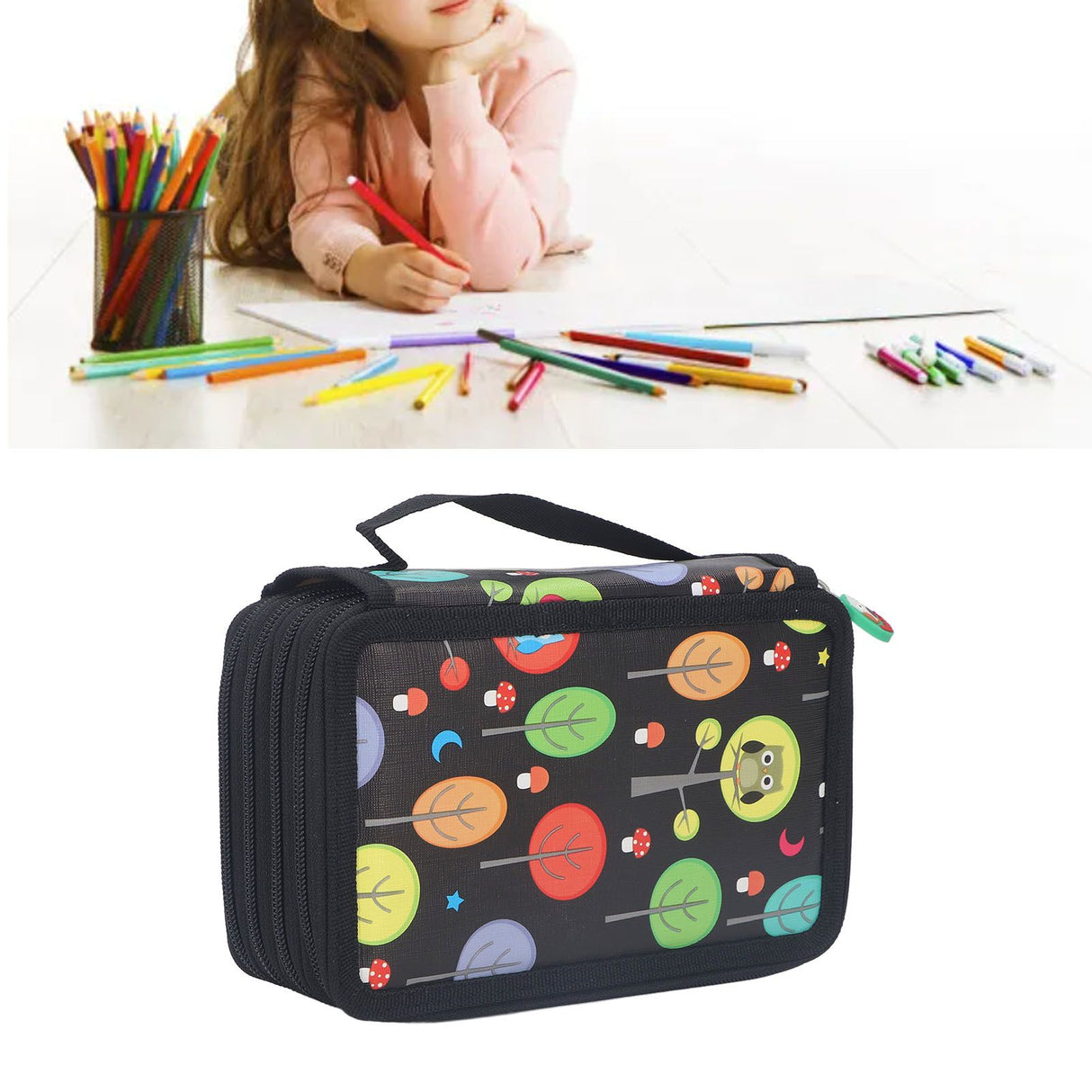 Colored Pencil Case Pencil Holder with Zipper Closure Large Capacity Pencil Case Foldable Colored Pencil Bag Cartoon Black 4 Layers 72 Holes