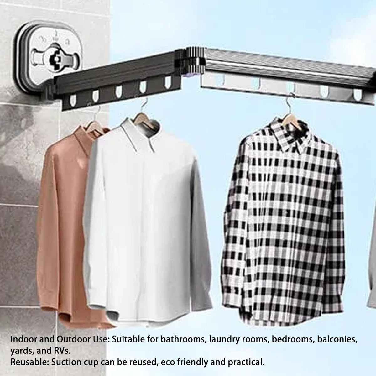 Retractable Clothes Drying Rack Wall Mount Drill Free Bifold Windproof Space Saver Suction Cup Clothes Hanger for Laundry