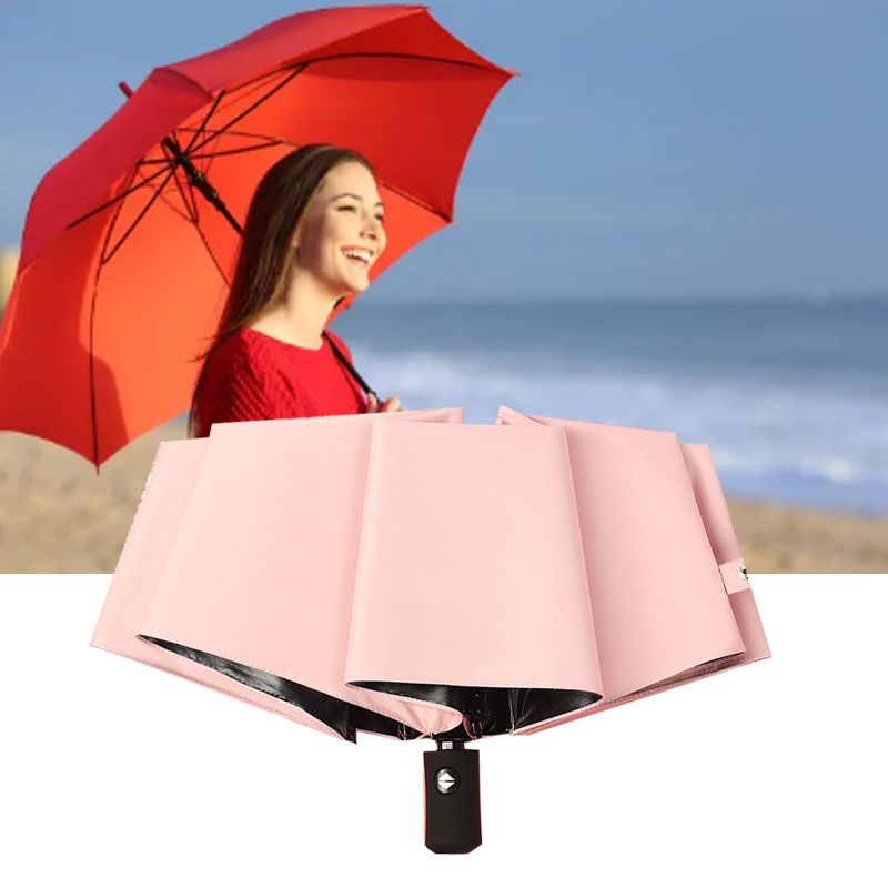 Travel Umbrella Sun Rain 3 Fold 8 Ribs Button Operation Light Weight Umbrella for Women Girl Daily Men Light Pink