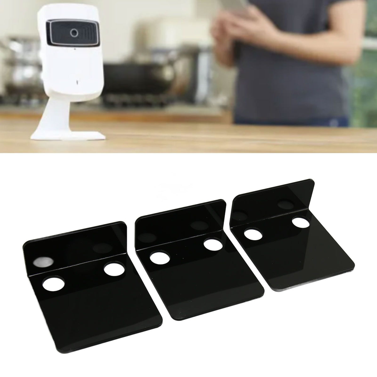 3 PCS Small Security Cameras Wall Shelf with 6 Cable Clips 10PCS Tapes Acrylic Waterproof Drill Free Adhesive Floating Shelf for Speakers Black