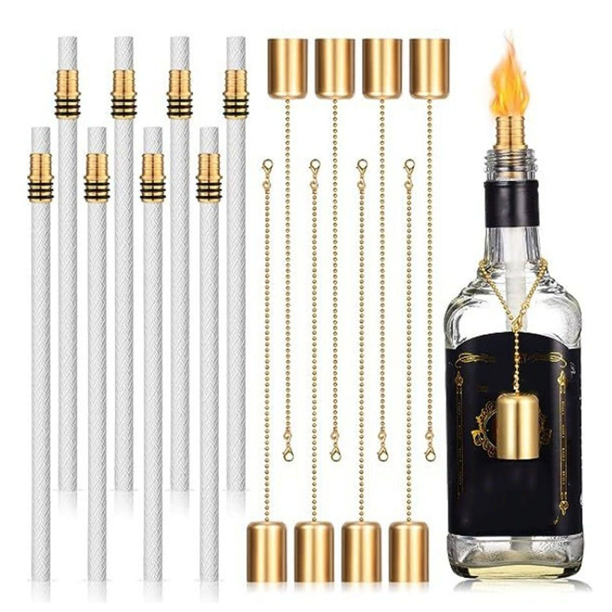 8Pack Wine Bottle Torch Kit Long Life Torch Wicks Brass Torch Wick Holders Caps Wine Bottle Torch for Garden Patio