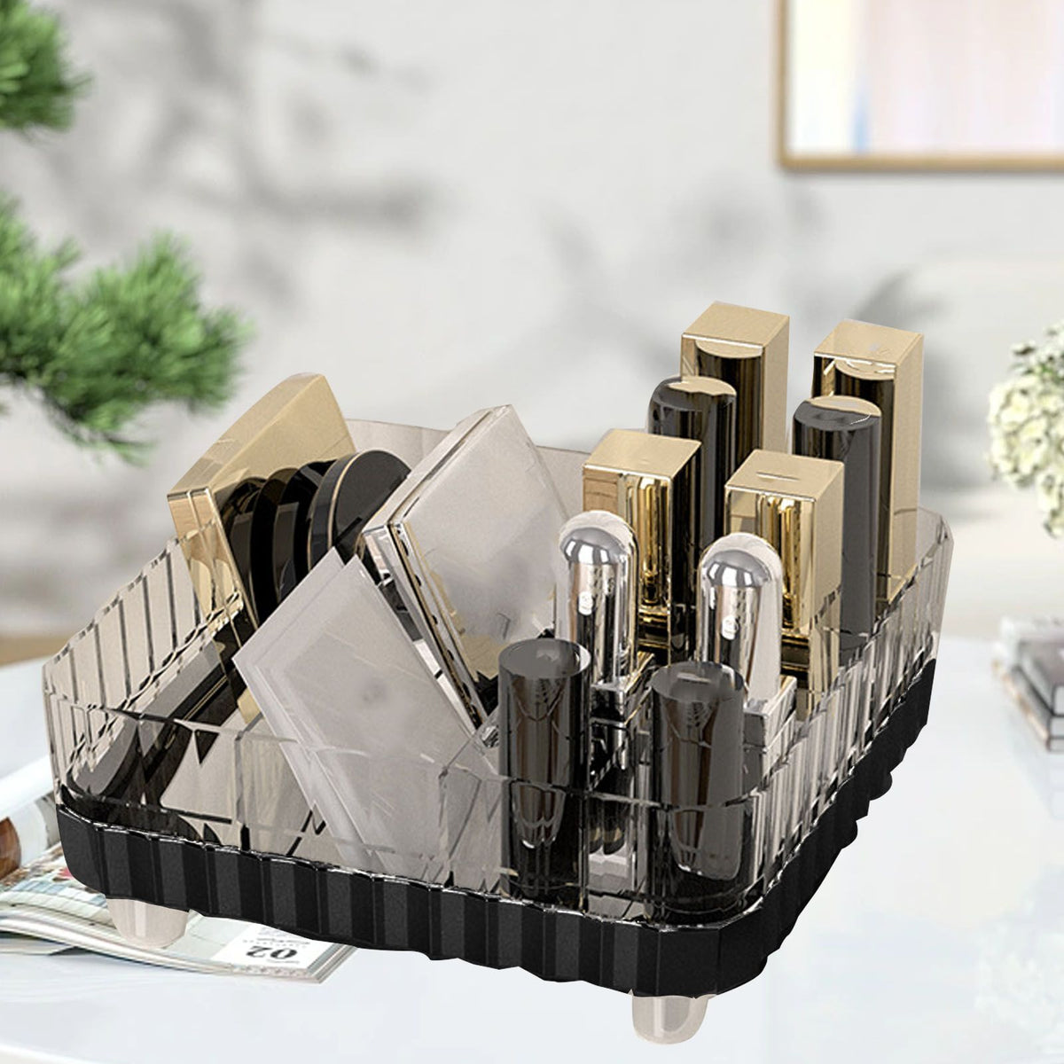 Makeup Organizer with Multiple Compartments Anti Slip Plastic Vanity Makeup Organizer for Cosmetics Lipsticks Jewelry Transparent Black