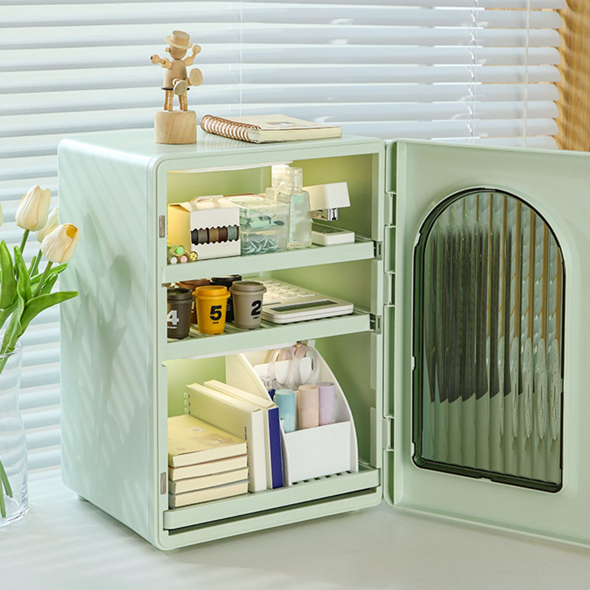 Water Cup Cabinet Multi Layer Multifunctional Dust Proof Minimalist Design Cup Storage Rack for Home Desktop Coffee Cups Tea Cups Creamy Green