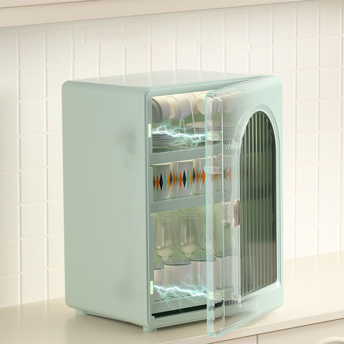 Water Cup Cabinet Multi Layer Multifunctional Dust Proof Minimalist Design Cup Storage Rack for Home Desktop Coffee Cups Tea Cups Creamy Green