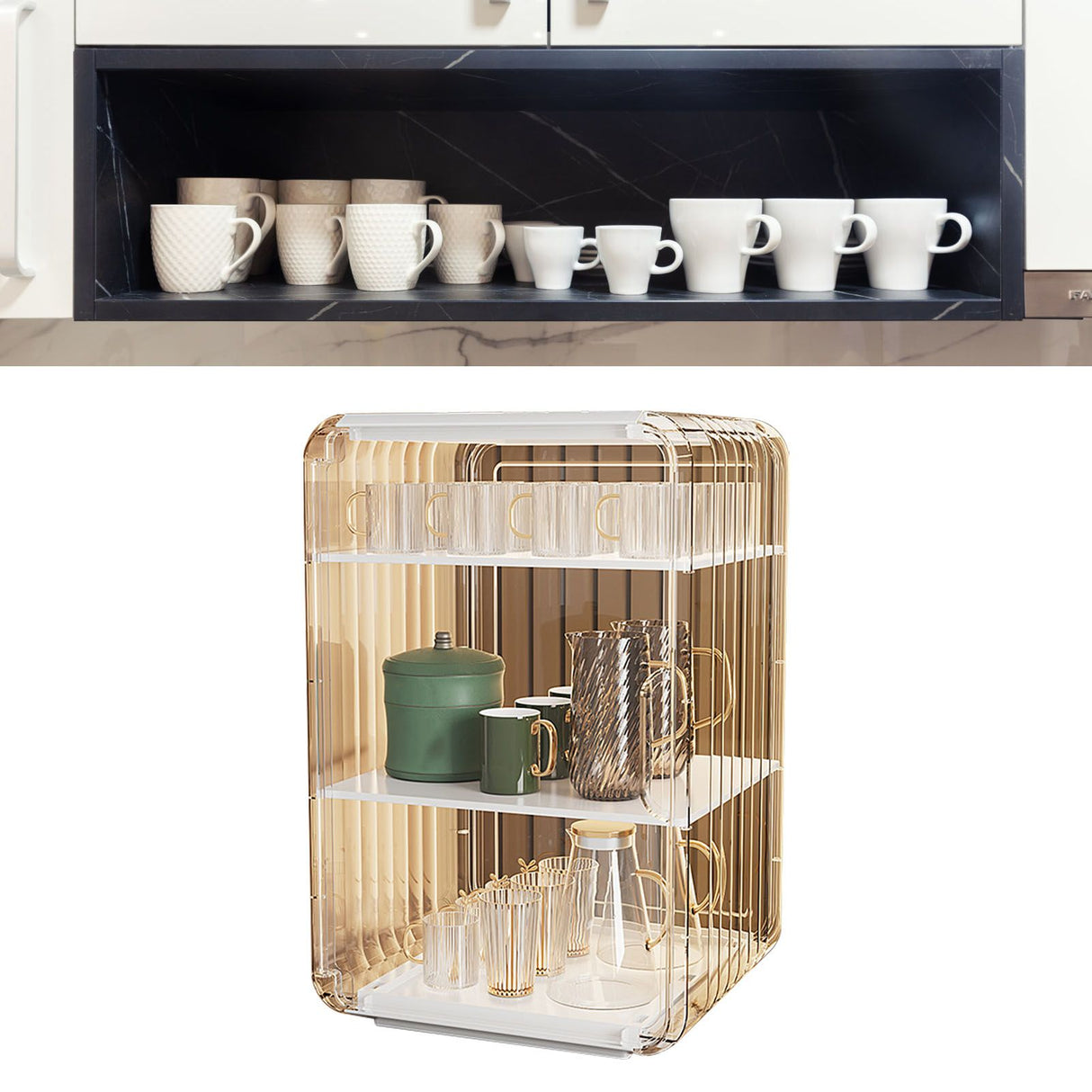 Cup Storage Rack Dustproof Stackable Plastic Clear Cup Organizer Box for Cabinet Desktop Large White