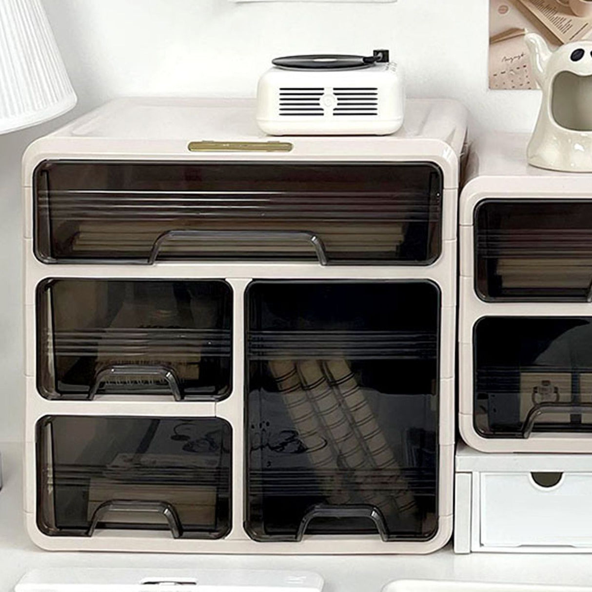 Desk Organizer with Drawer Plastic Desk Storage Box Desktop Organization for Home Collection Cosmetics Office Supplies Cream 3 Layer