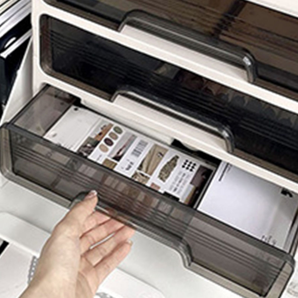 Desk Organizer with Drawer Plastic Desk Storage Box Desktop Organization for Home Collection Cosmetics Office Supplies Cream 3 Layer