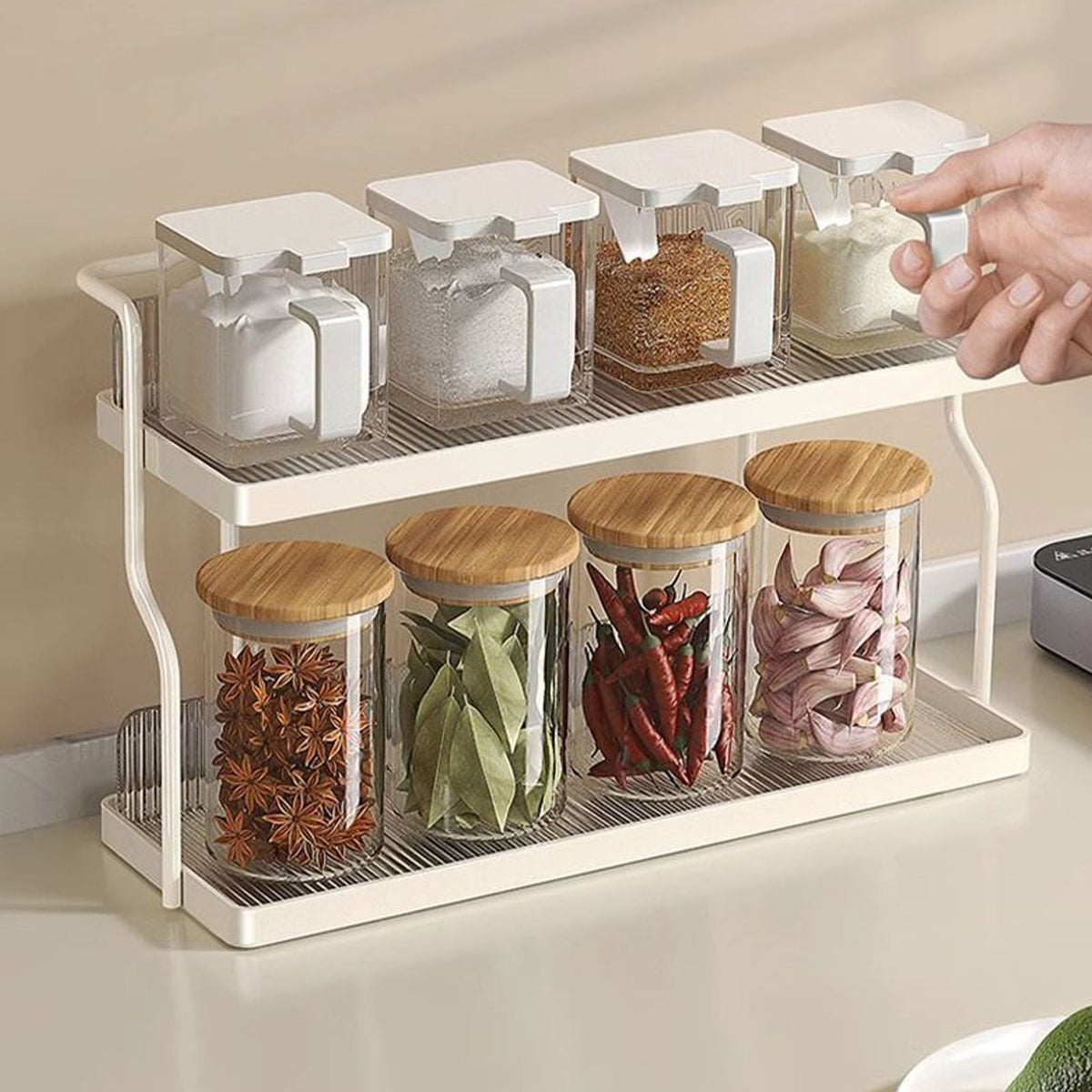 Countertop Shelf Organizer Carbon Steel 2 Tier Multifunctional Kitchen Spice Rack for Bedroom Bathroom Cupboard Under Sink Cream White