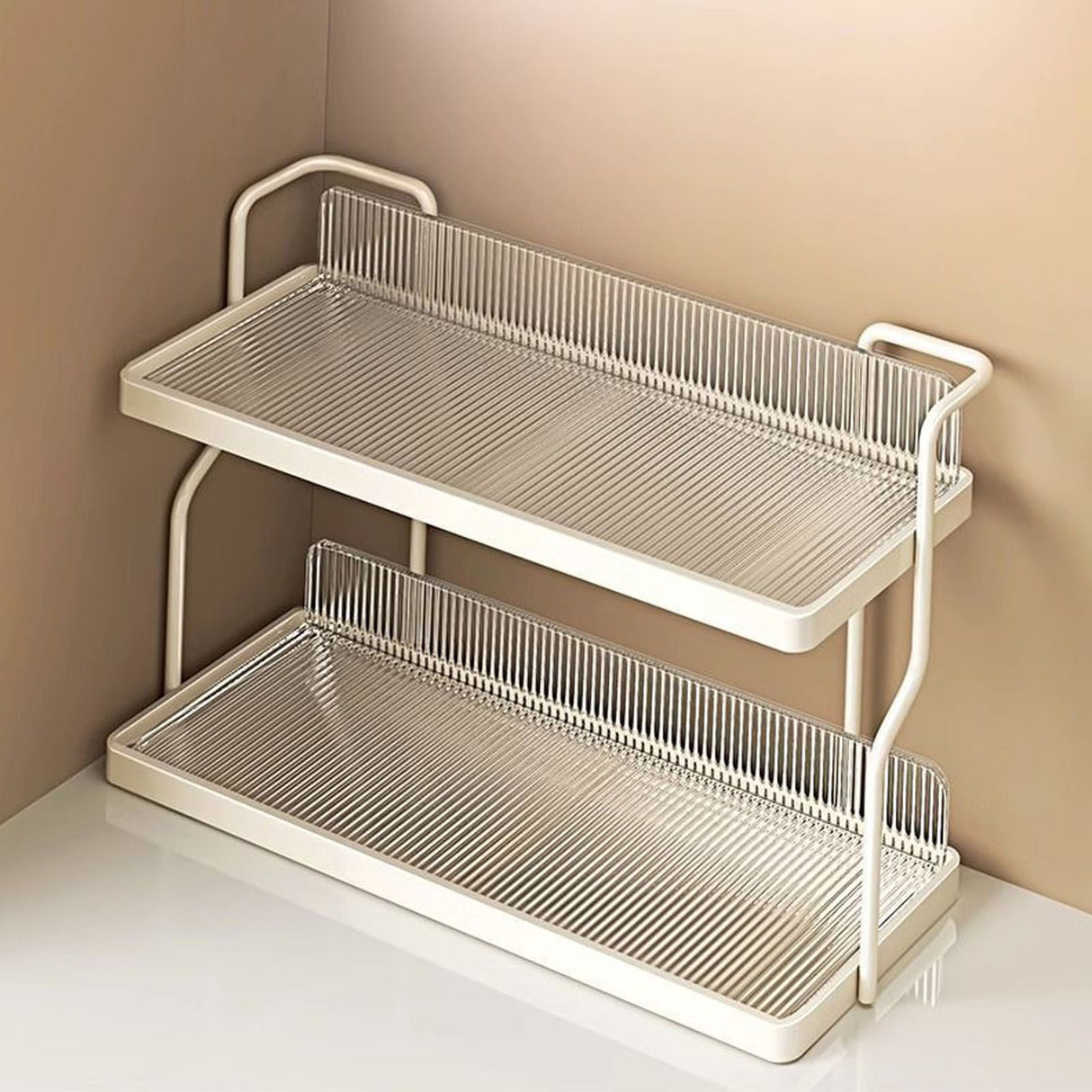 Countertop Shelf Organizer Carbon Steel 2 Tier Multifunctional Kitchen Spice Rack for Bedroom Bathroom Cupboard Under Sink Cream White